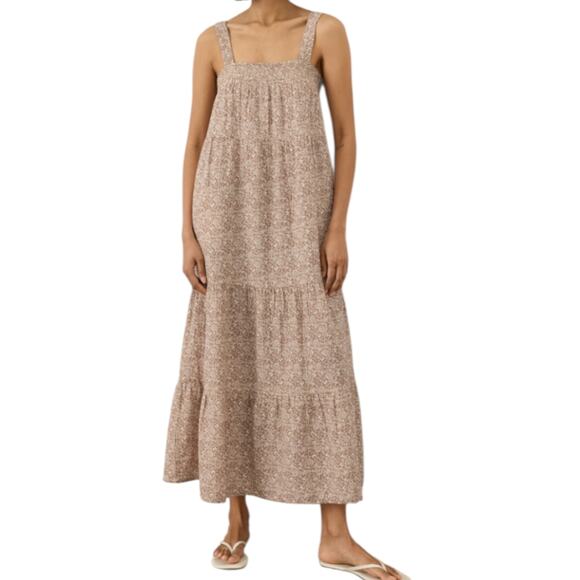 Pact Organic Dresses & Skirts - Pact Organic Coastal Gauze Tiered Maxi Dress Block Print Driftwood Brown Medium